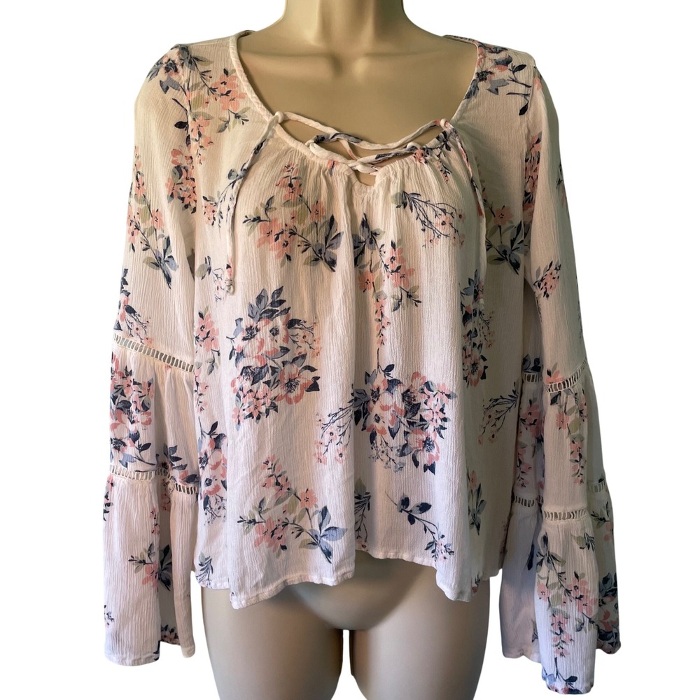 Hollister‎ Floral Blouse Size M Lace Up Bell Sleeve Bohoemian Cottagecore